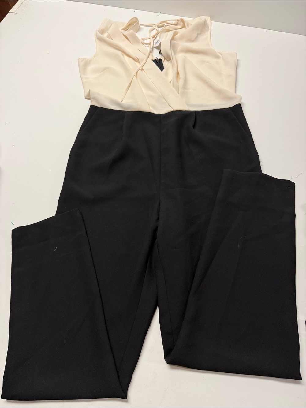 Ann Taylor Cream and Black Sleeveless V-Neck Jumpsuit